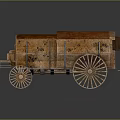 Vintage Wooden Carriage With Brown Roof Large Wheels Ladder Small Windows And Door
