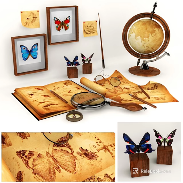 Vintage Decorative Ornament Set With Globe Magnifying Glass Butterfly Specimens Map And Frames 3d model 
