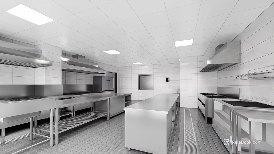 Commercial Catering Kitchen With Stainless Steel Worktables Ventilation Hoods And Tiled Surfaces 3d model 