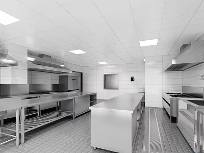 Commercial Catering Kitchen With Stainless Steel Worktables Ventilation Hoods And Tiled Surfaces 3d model
