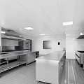 Commercial Catering Kitchen With Stainless Steel Worktables Ventilation Hoods And Tiled Surfaces