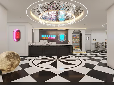 Hotel Mahjong Room Interior With Circular Ceiling And Black White Geometric Floor Design 3d model
