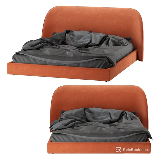 Modern Plush Upholstered Double Bed with Orange Headboard and Dark Gray Bedding 3d model