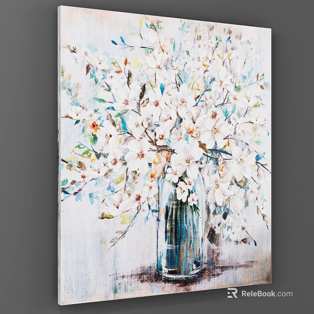 White Flowers with Green Leaves in Blue Vase on Light Canvas Artwork 3d model 