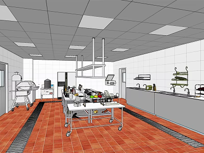 Commercial Kitchen Setup With Workbench Equipment Cabinets And Tile Floor 3d model