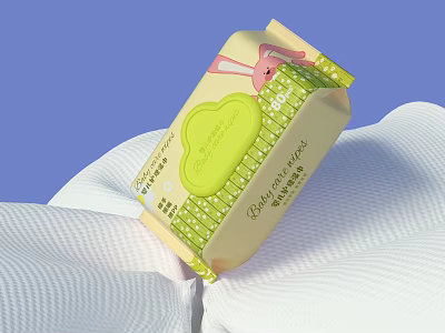 Soft Baby Wipes With Rabbit Design Green Dots On Yellow Packaging For Gentle Daily Use 3d model