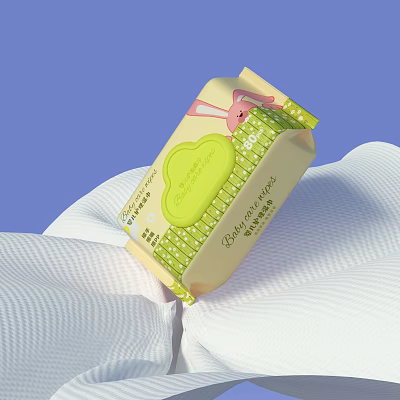 Soft Baby Wipes With Rabbit Design Green Dots On Yellow Packaging For Gentle Daily Use 3d model