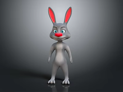 3D Animated Rabbit Character With Grey Body Red Ears And Red Nose Standing Pose 3d model