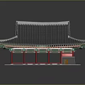 Ancient Architecture With Traditional Tiled Roof Overhanging Eaves Red Pillars And Green Decorations