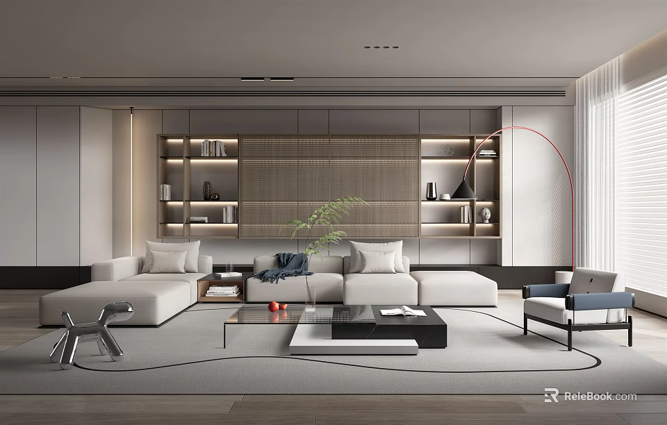 Modern Living Room Interior Design With Sofa Bookshelves Green Plant Coffee Table And Rug 3d model 