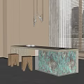 Modern Light Top Tea Table With Textured Green Brown Base Underlighting And Wooden Stools