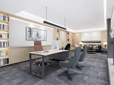 Modern Office Interior With Hanging Lights Wooden Bookshelves Desk Chairs And Sofa Area 3d model