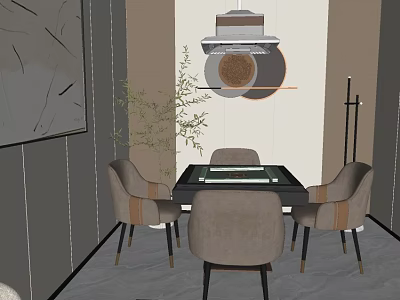 Modern Hotel Mahjong Room Interior With Square Table Chairs Ceiling Lamp And Potted Plant 3d model