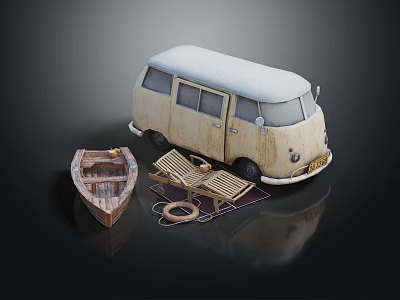Vintage Van Setup Featuring Wooden Boat Beach Chairs And Lifebuoy 3d model