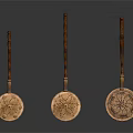 Three Copper Spoons With Wooden Handles And Decorative Patterns In Different Sizes