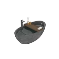 Round Concrete Bathtub Interior Design With Woven Platform Aromatherapy Bottles And White Towel