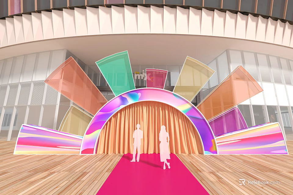 Vibrant Event Entrance With Rainbow Arch Colorful Panels And Red Carpet 3d model 