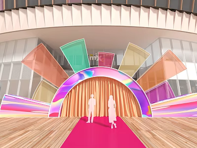 Vibrant Event Entrance With Rainbow Arch Colorful Panels And Red Carpet 3d model