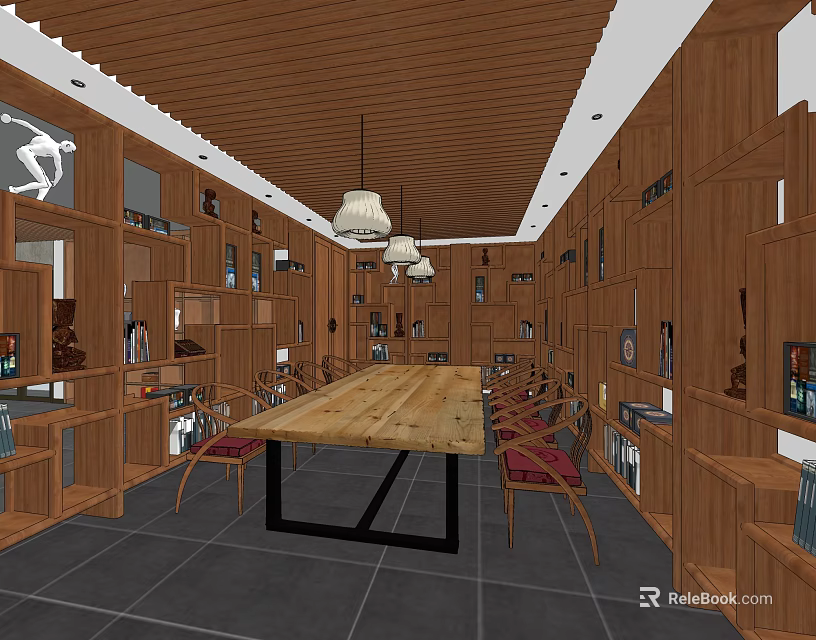 Wooden Panel Meeting Room Interior with Long Table Bookshelves and Pendant Lights 3d model 