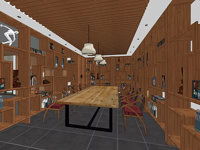 Wooden Panel Meeting Room Interior with Long Table Bookshelves and Pendant Lights 3d model