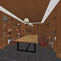 Wooden Panel Meeting Room Interior with Long Table Bookshelves and Pendant Lights