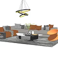 Modern Gray Orange L Shaped Sofa With Cushions And Irregular Coffee Table Set 3d model