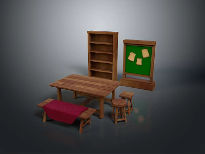 Wooden Dining Table With Red Cushion Bench Stools Bookshelf And Green Board Papers 3d model