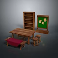 Wooden Dining Table With Red Cushion Bench Stools Bookshelf And Green Board Papers
