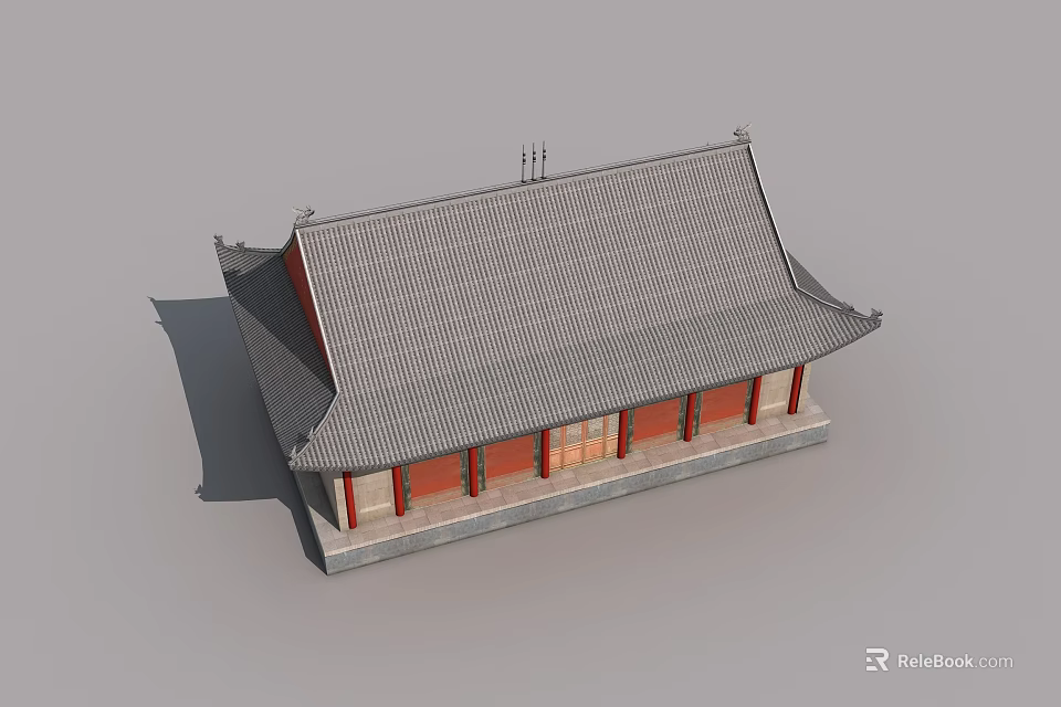 Ancient Chinese Architecture Swing Door With Red Walls Gray Tiled Roof And Wooden Columns 3d model 