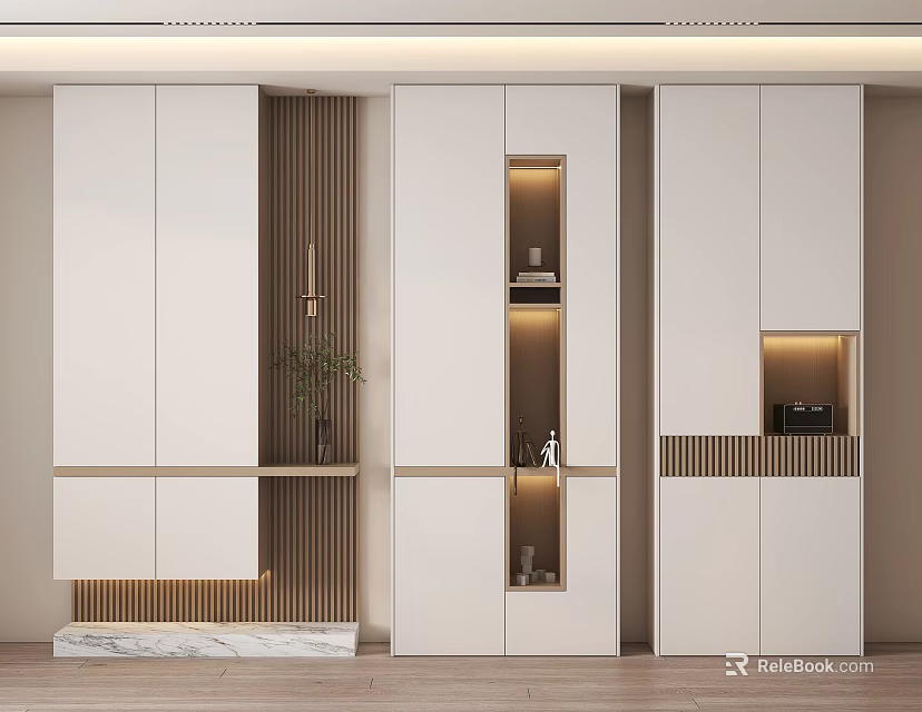 Modern Shoe Cabinet Design With White Doors Wooden Accents And LED Lighted Niches 3d model 