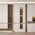 Modern Shoe Cabinet Design With White Doors Wooden Accents And LED Lighted Niches