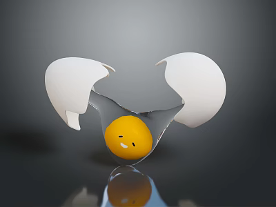 Adorable Yellow Egg Yolk in Broken White Eggshell with Smiling Face Design 3d model