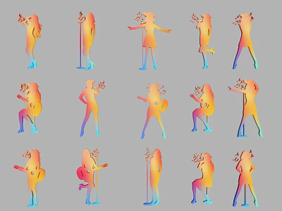 Women as Colorful Silhouettes in Various Poses Including Singing Dancing and Playing Guitar 3d model