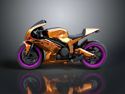 Sleek Golden Motorcycle With Purple Rimmed Wheels And Shiny Reflection 3d model