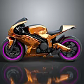 Sleek Golden Motorcycle With Purple Rimmed Wheels And Shiny Reflection