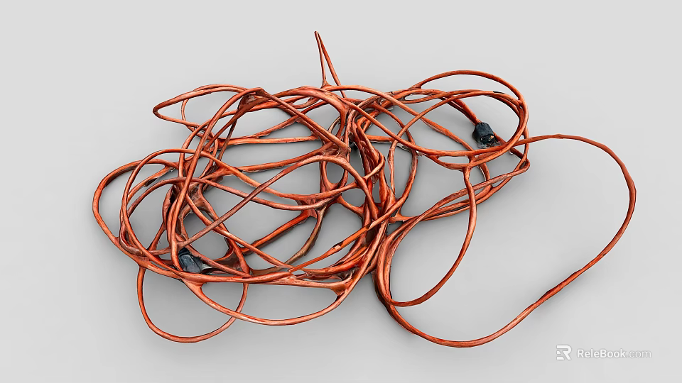 Tangled Orange Electrical Wires With Black Connectors Lying On Gray Surface 3d model 