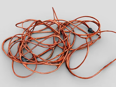 Tangled Orange Electrical Wires With Black Connectors Lying On Gray Surface 3d model