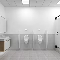 Public Restroom Interior With Urinals Stalls Sink Mirror White Walls And Tiled Floor