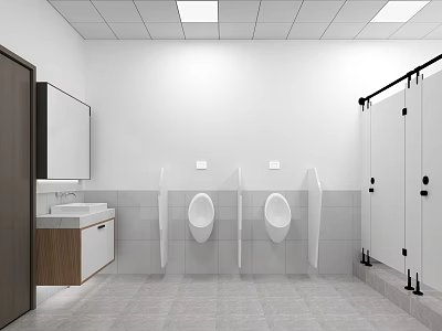 Public Restroom Interior With Urinals Stalls Sink Mirror White Walls And Tiled Floor 3d model