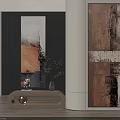Abstract Paintings in Modern Interior Space with Wooden Console Plants and Window Decor