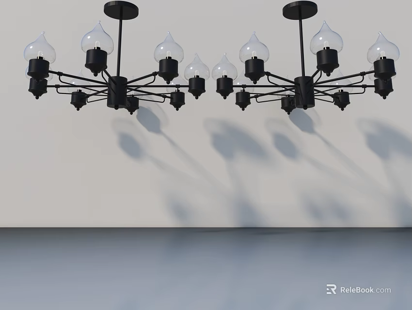 Modern Swing Door Featuring Black Chandeliers With Multiple Bulbs And White Wall Shadows 3d model