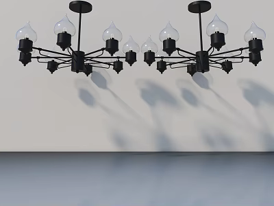 Modern Swing Door Featuring Black Chandeliers With Multiple Bulbs And White Wall Shadows 3d model
