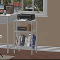 White Storage Shelf With Printer Digital Clock Twine Roll And Folders In Home Office