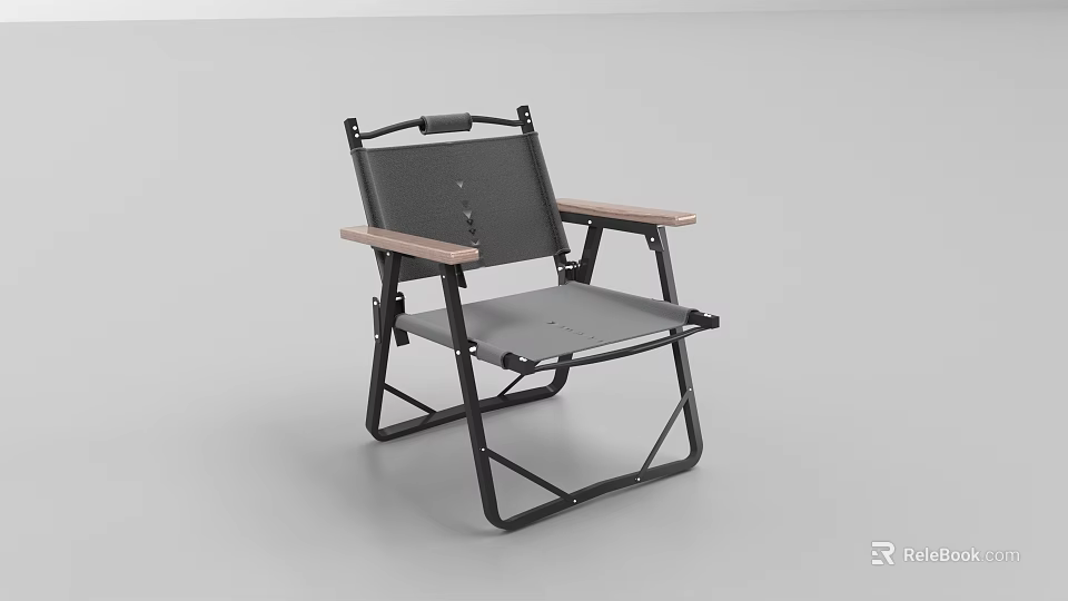 Modern Folding Leisure Chair With Black Metal Frame Wooden Armrests And Gray Seat 3d model 