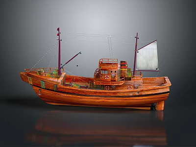 Brown Wooden Boat With Red Masts White Sail Deck Equipment And Green Components 3d model