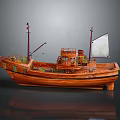 Brown Wooden Boat With Red Masts White Sail Deck Equipment And Green Components