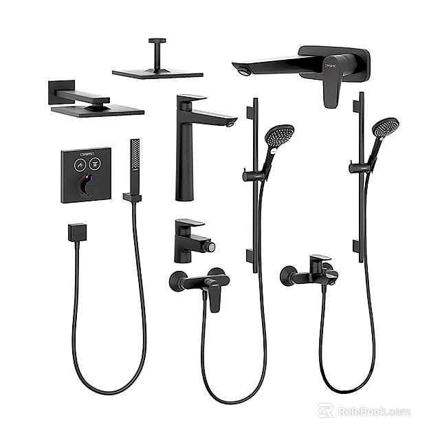 Modern Black Shower System Components Including Handheld Fixed Heads And Controls 3d model 