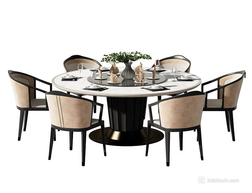 Elegant Round Dining Table Set with Beige Chairs and Greenery Centerpiece 3d model