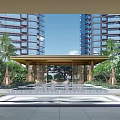Modern Pergola Walkway With Stone Pavement Surrounded By Lush Greenery And Modern Buildings