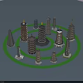 Traditional Pagodas Arranged In Circle With Various Styles On Blue Background And Green Ring